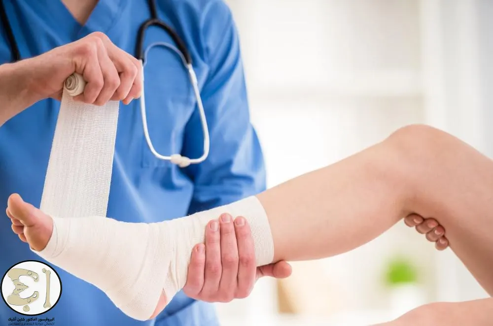 Image showing a doctor wrapping a strap around a sprained ankle to ensure the ankle is stable until it fully heals