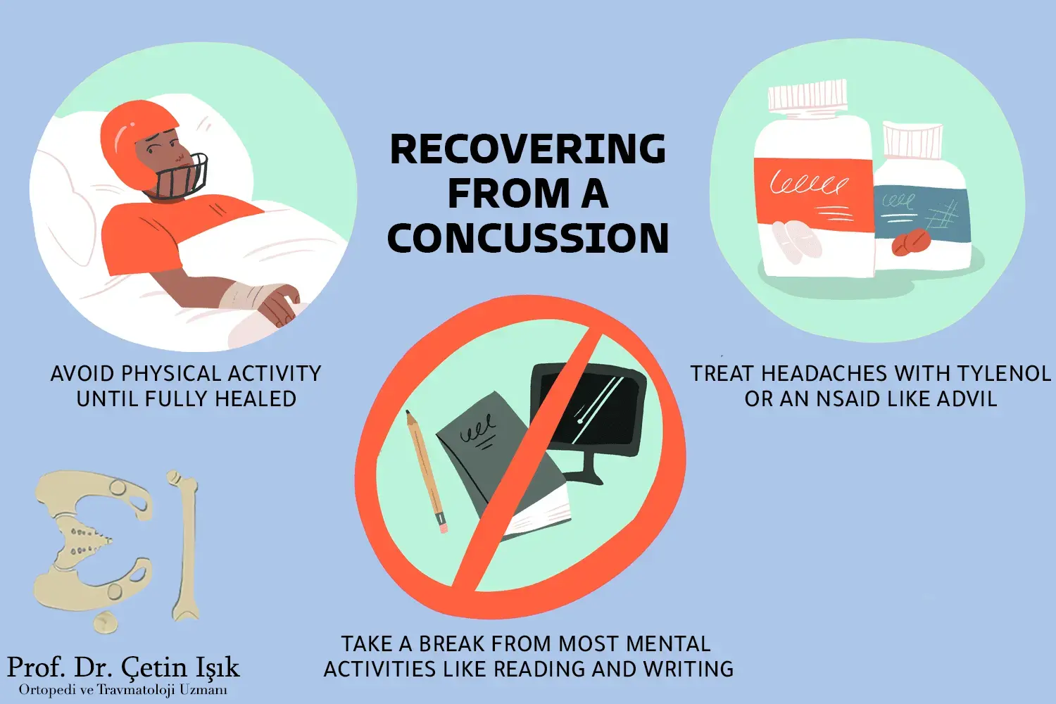 We notice from the picture some first aid that must be done when treating a skull fracture in adults because the brain may be exposed to a concussion during trauma, as physical activities should be avoided, headache should be treated with analgesic drugs, and mental activities such as reading should be stopped.
