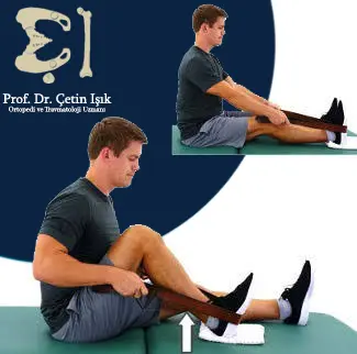 Image showing how to perform the heel slide exercise by sitting on a firm surface, placing a towel under the heel, wrapping a strap around the foot, then pulling the knee to the chest (bending position) while the foot slides towards you.