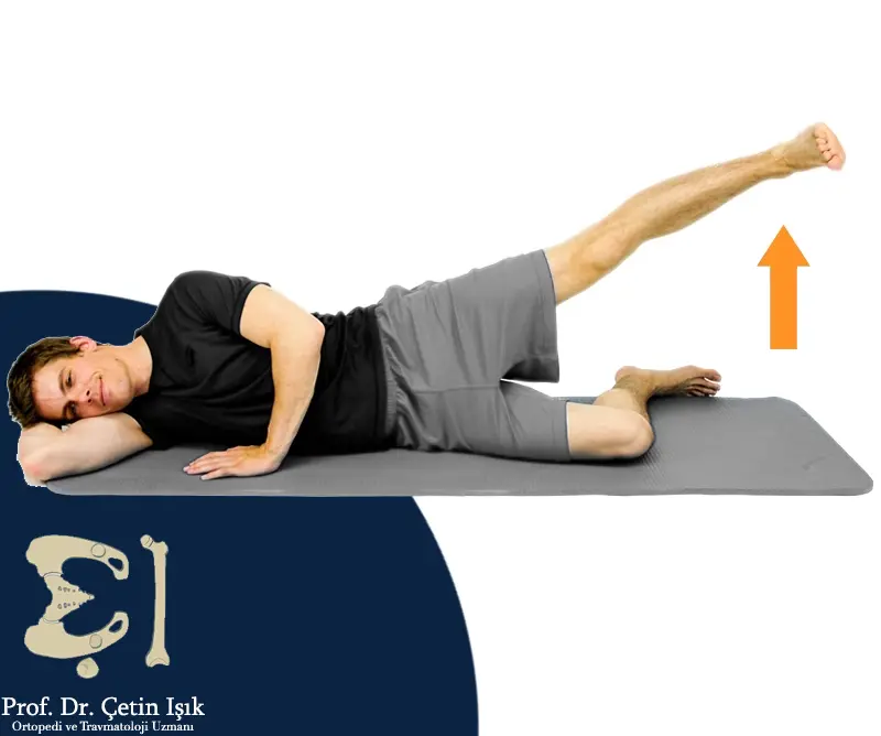 Image showing how to perform the hip abduction exercise by lying on the side and slowly raising the upper leg, keeping the knee straight and the toes pointing forward at all times, and keeping the leg in a line parallel to the body.