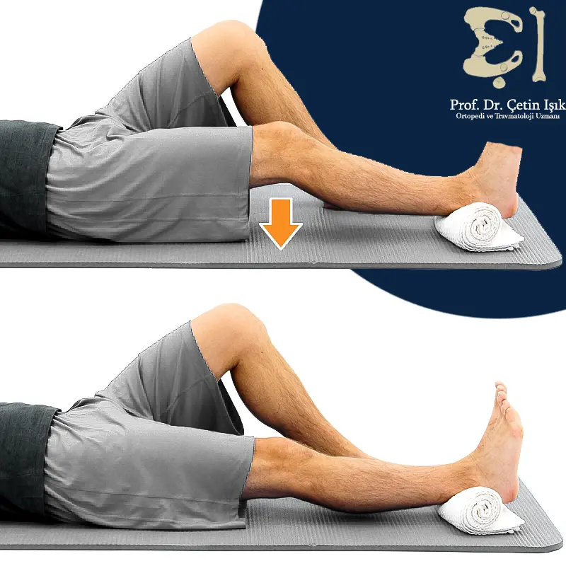 Image showing how to do the quadriceps exercise. Lie down, place a towel under your ankle, then tighten your upper thigh muscles to press the back of your knee toward the floor.