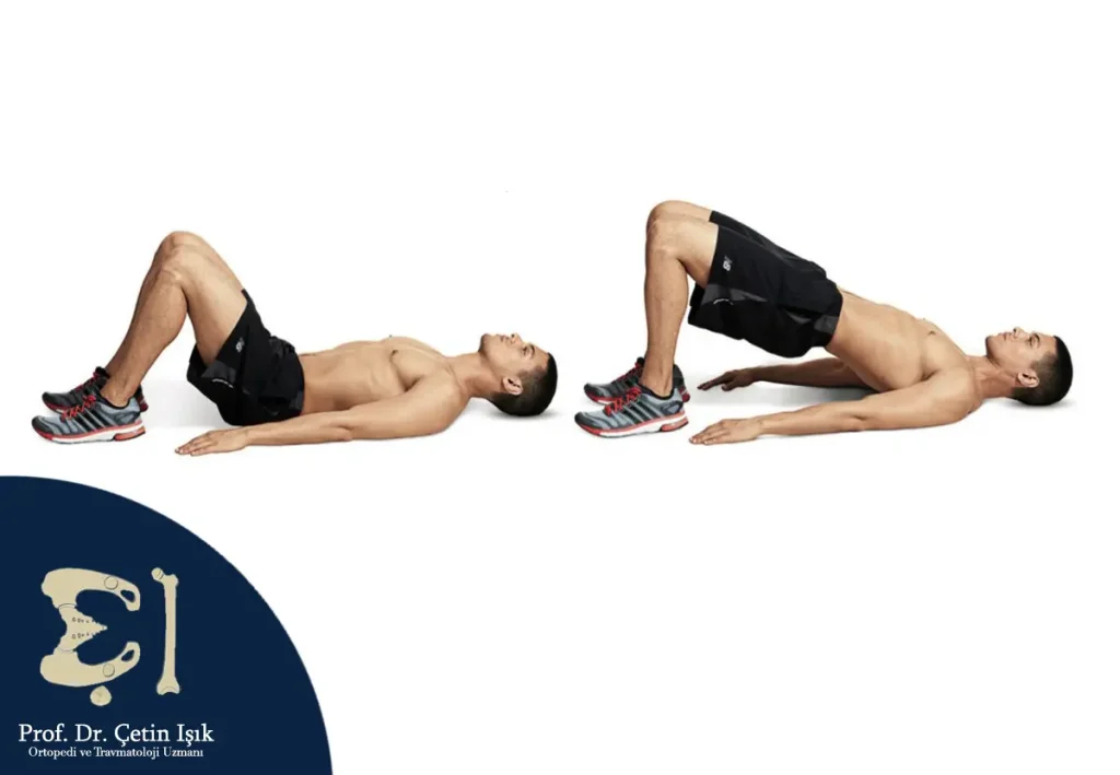 Bridge exercises by lying on your back with your knees bent and raising your hips off the ground to form a straight line from the shoulders to the knees.